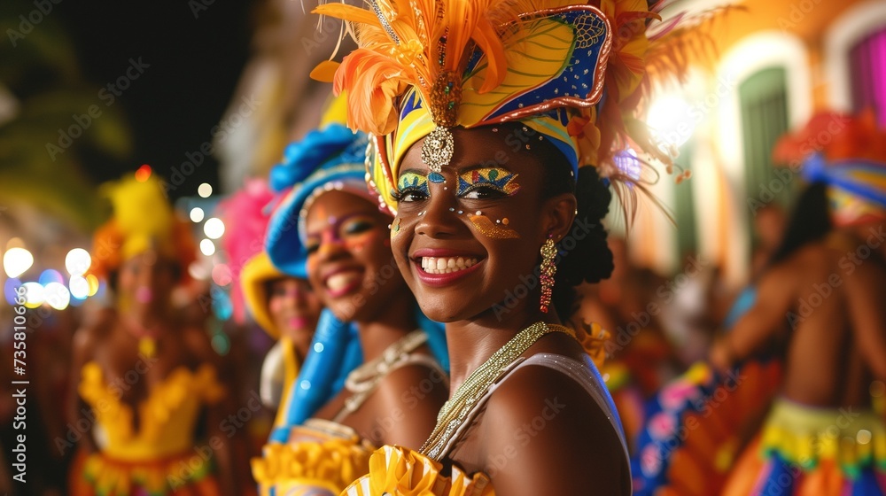 Vibrant Frevo dancers in colorful costumes celebrate with joy during a street carnival in Recife, showcasing rich cultural festivity.