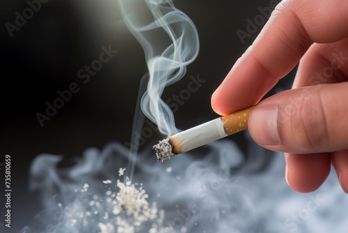 closeup of a persons hand flicking cigarette ash, smoke dispersing