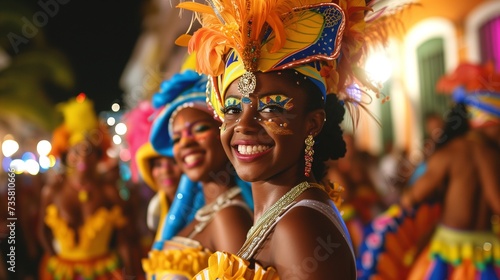Vibrant Frevo dancers in colorful costumes celebrate with joy during a street carnival in Recife  showcasing rich cultural festivity.