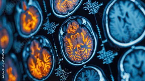 High-resolution PET/CT scan images displaying detailed brain activity with highlighted regions, crucial for medical diagnostics and research. photo