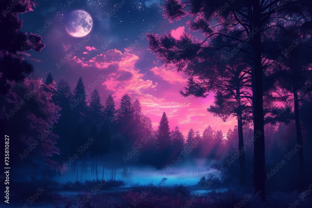 night forest with fog background. Fantasy landscape forest at night. night forest wallpaper for desktop. Natural landscape background. Synthwave Style Leaf Background. fantasy forest wallpaper.