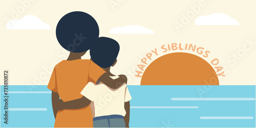 national siblings day, two kid-children standing - hugging each other, watching sunset 