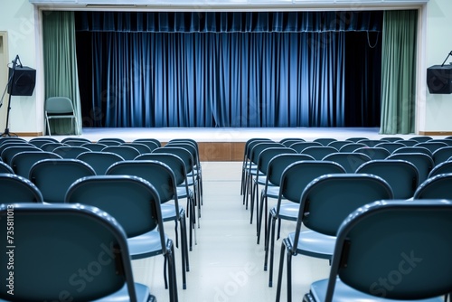 unfilled chairs facing a clean, empty presentation stage