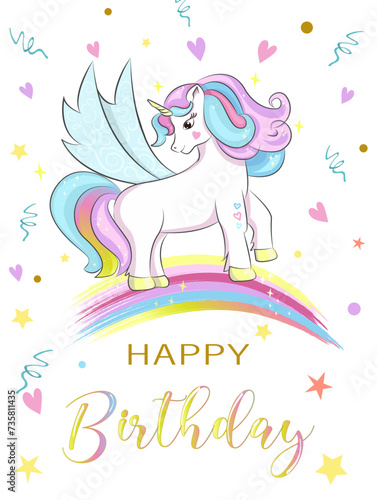 Cute unicorn on rainbow vector illustration. Birthday greeting card  poster  print  party concept  child books  wallpaper. Cute fairy tale animal. Kids background.