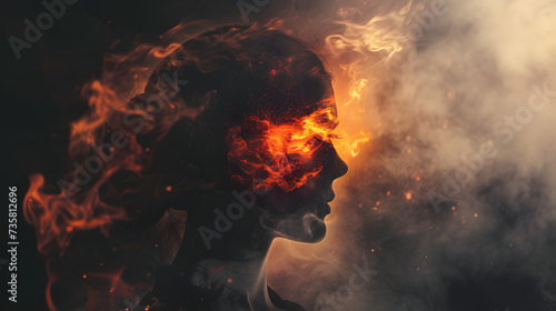 Photo of a digital art concept with a woman's profile disintegrating into smoke and fire