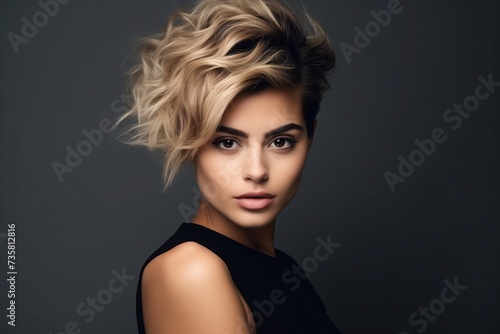 Portrait of a beautiful young woman with asymmetrical short hair styling photo