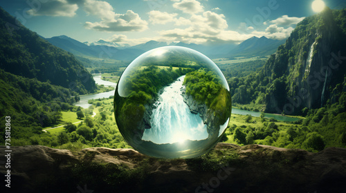 A crystal ball with a river running through a greenery.