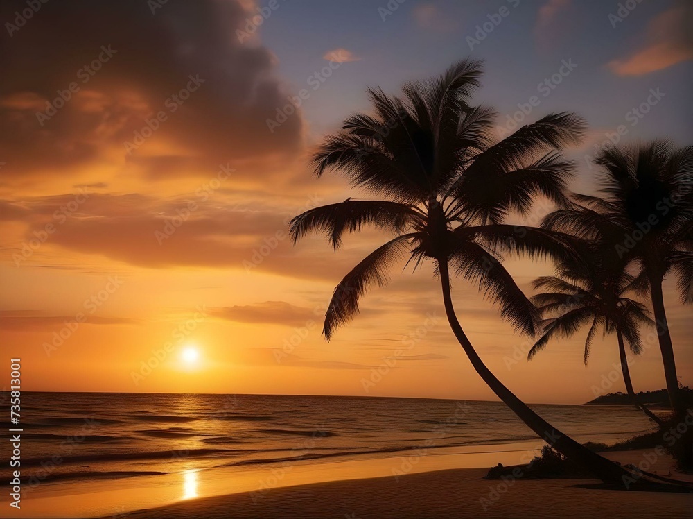 Tropical beach with palm trees at sunset. AI generated
