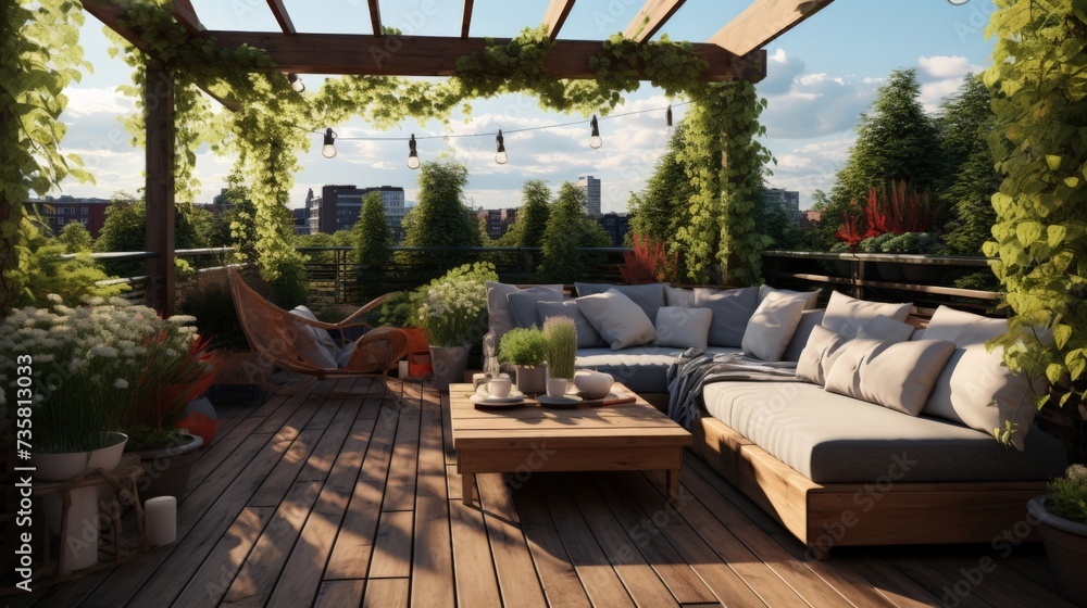 Fototapeta premium Cozy outdoor roof terrace with pergola and potted plants in minimal style