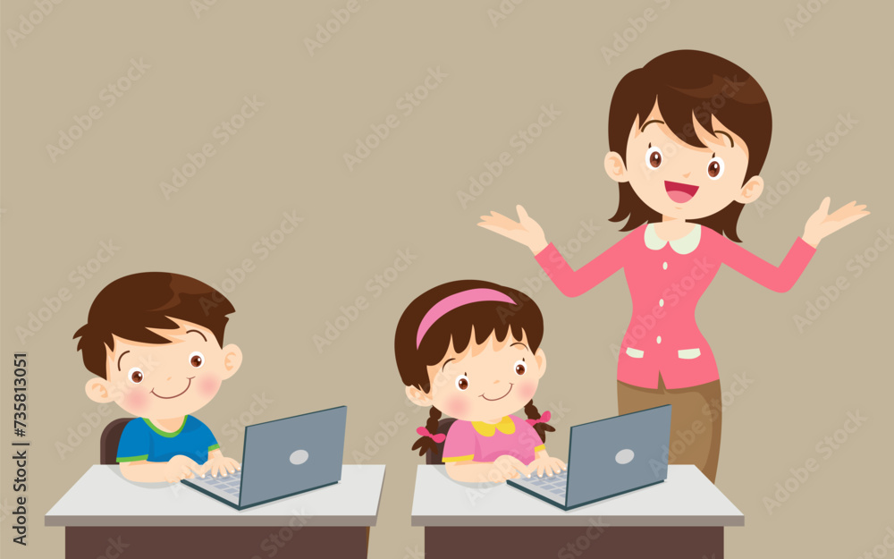 teacher presenting computer learning and students boy ,girl sitting in class teacher presenting computer learning and students boy ,girl sitting in class