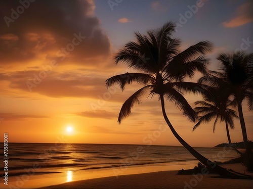 Tropical beach with palm trees at sunset. AI generated © Filip