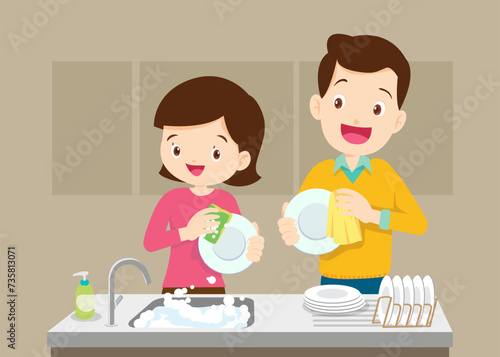 Husband and Wife washing dishes at home