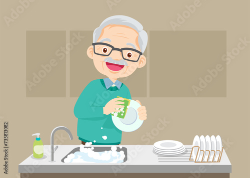 Happy kid helping family washing dishes at home