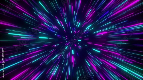 Infinite futuristic background with vibrant and wonder lights. Metaverse concept. Neon line zoom meteor space ping green blue violet theme photo