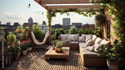 Cozy outdoor roof terrace with pergola and potted plants in minimal style photo