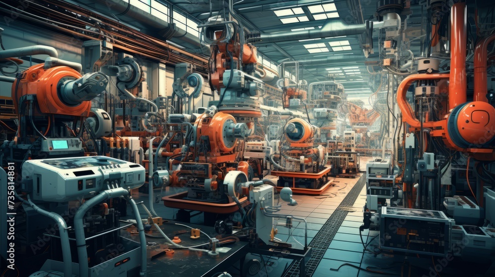 High-tech industrial factory with cutting-edge electronic equipment, robotics, and hardware - royalty-free stock image for industry, manufacturing, and technology concepts