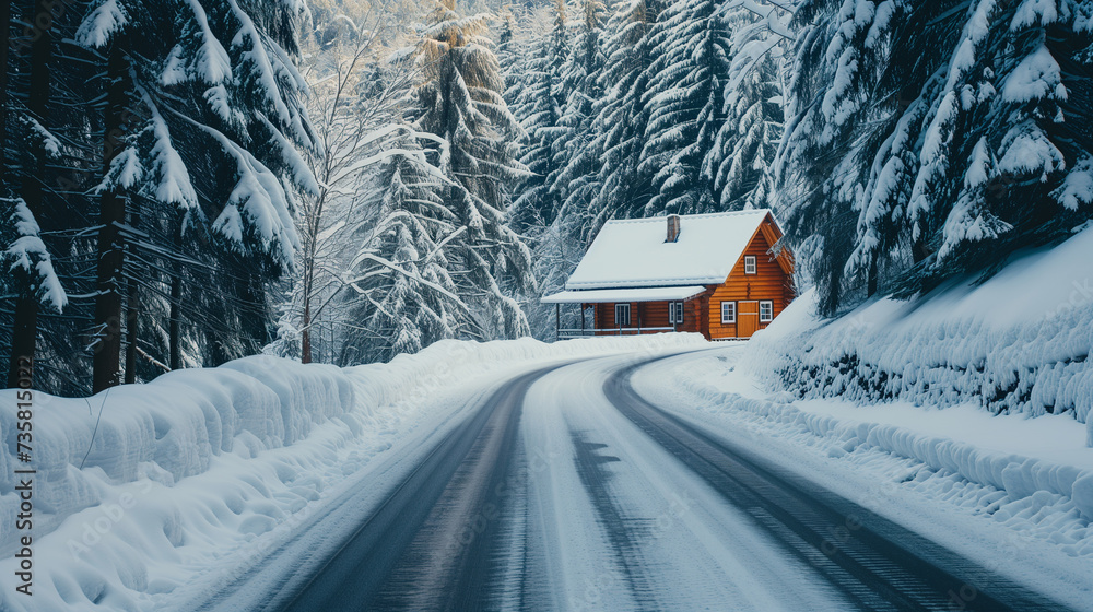 Сabin beside a snowy road in a winter wonderland.
