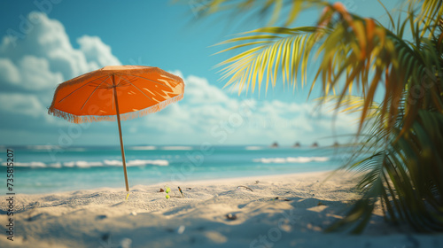 Umbrella on Sunlit Tropical Sandy Beach. © vlntn