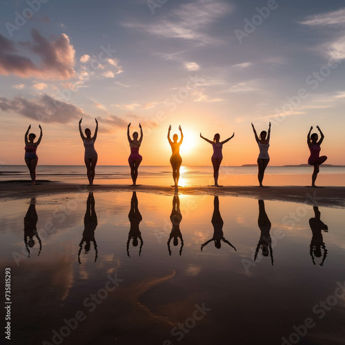 A range of unique yoga poses reflected against a beautiful sunset