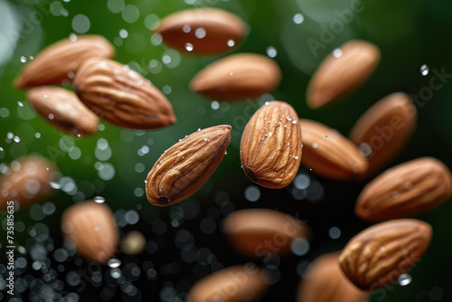 Almonds captured in motion with water droplets against a dark green bokeh background.

