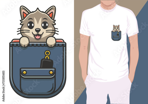 Cat Pocket Shirt, Little cute cat in pocket vector tee shirt design