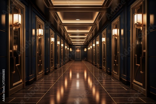 a long hallway with lights and mirrors