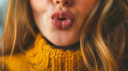 Close-up of a woman puckering lips.