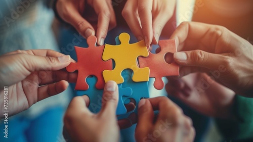 Group of businessmen's hands are holding a jigsaw puzzle and representing teamwork.