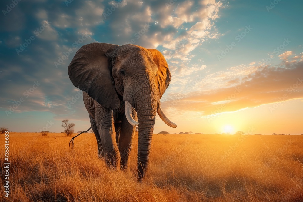 Majestic Elephant Standing in Field at Sunset