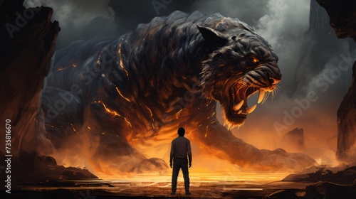 Courage in the face of adversity: powerful illustration of a lone man confronting a giant tiger