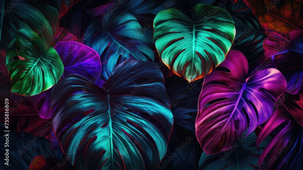 Large tropical leaves in neon colors. Creative fluorescent picture of exotic leaves.The concept of nature. - obrazy, fototapety, plakaty 