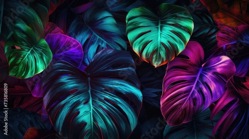 Large tropical leaves in neon colors. Creative fluorescent picture of exotic leaves.The concept of nature. photo