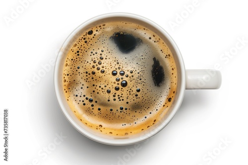 A cup of coffee. Caffeine. Aroma. A coffee drink. Closeup of a coffee cup isolated on white background. Froth. A cup of coffee with foam. Black coffee. Foamy bubbles in the coffee cup. Coffee mug © grooveisintheheart