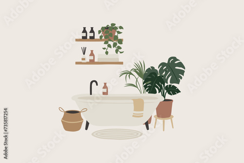 Bathroom Decorated with Green Plants in Modern Style Vector Illustration