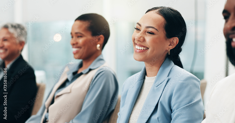 Smile, laughing a business woman in a meeting with her colleagues for training in a workshop or seminar. Corporate, conference or education with a happy employee in the boardroom of an office Smile, laughing a business woman in a meeting with her colleagues for training in a workshop or seminar. Corporate, conference or education with a happy employee in the boardroom of an office