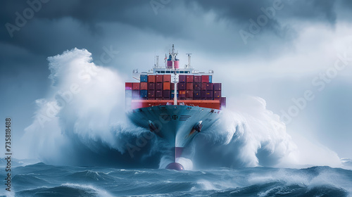 Cargo ship braving tumultuous seas, navigating through towering waves under stormy skies.