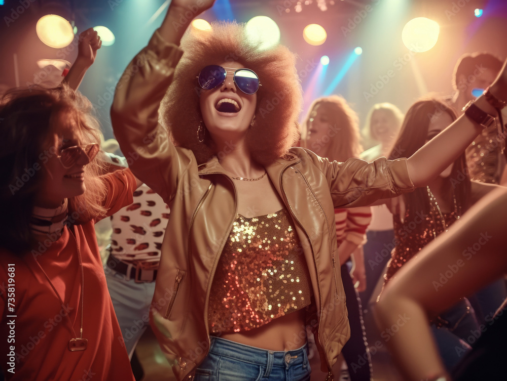Young woman dancing enthusiastically surrounded by her friends at a nightclub at night Young woman dancing enthusiastically surrounded by her friends at a nightclub at night