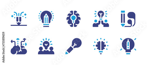 Creativity icon set. Duotone color. Vector illustration. Containing creativity, partner, creative thinking, creative team, idea, creative brain, creative idea, creative design.
