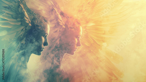 Pastel hues and electricity blend in a double exposure of angel demon duality merging myth with energy