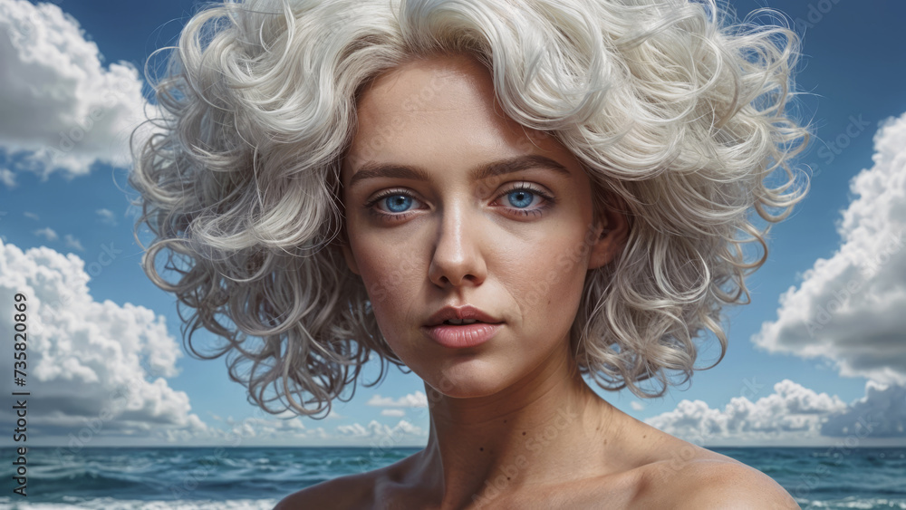 Beautiful woman with white hair against the sky. Beautiful woman with white hair against the sky.