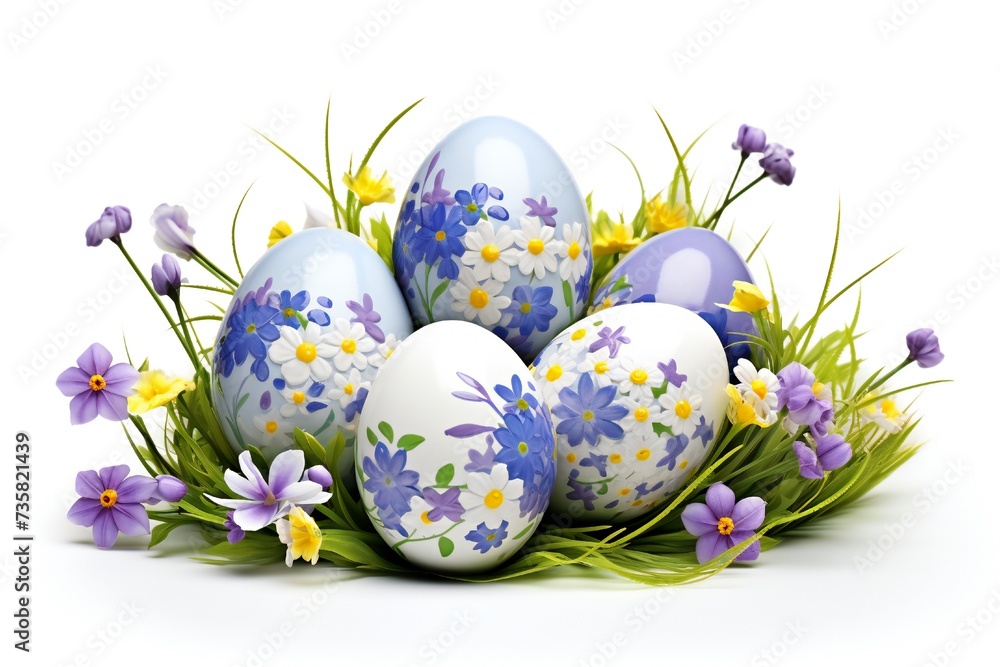 Easter eggs with grass and flowers element isolated on white background Generative Ai