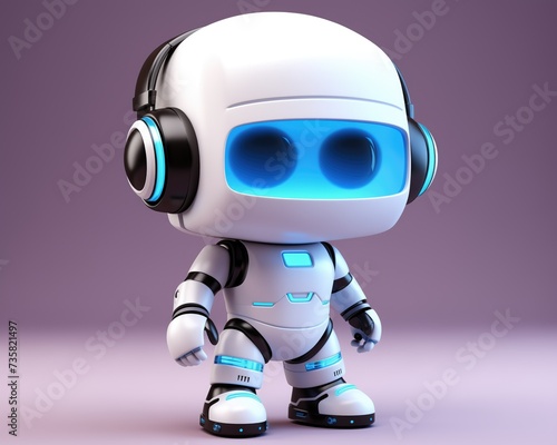 Cute mini robot with headphone. 3d rendering illustration isolated on purple background