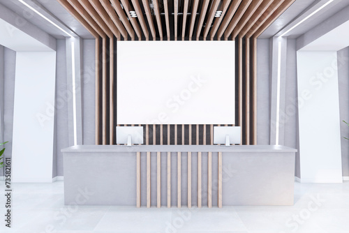 Modern reception area with wood slat design, mockup screen, and minimalist decor. 3D Rendering