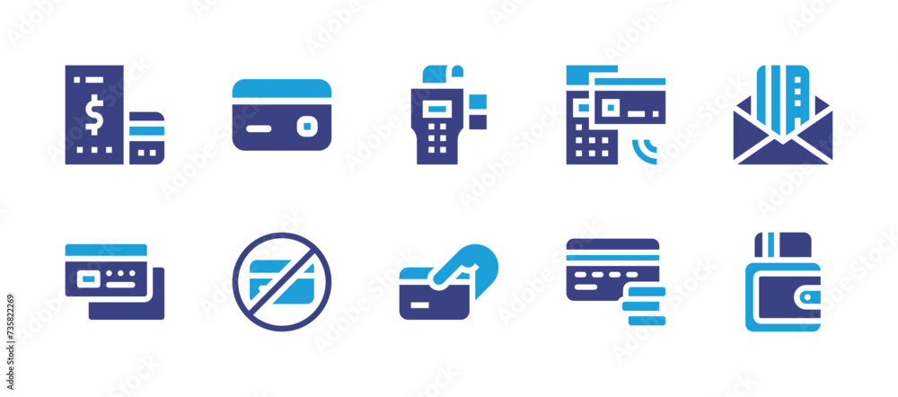 Credit card icon set. Duotone color. Vector illustration. Containing credit card, no credit card, debit card, pos, online shopping, envelope, contactless, payment, wallet.