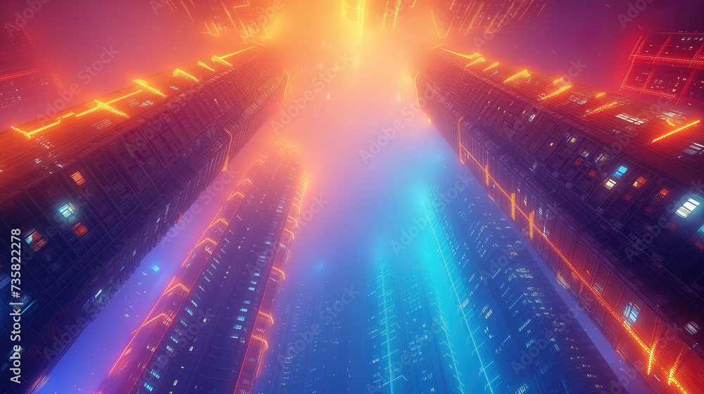 Low angle view of tall futuristic cyberspace neon lights skyscrapers wallpaper background