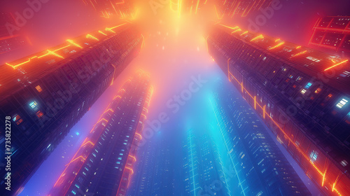 Low angle view of tall futuristic cyberspace neon lights skyscrapers wallpaper background