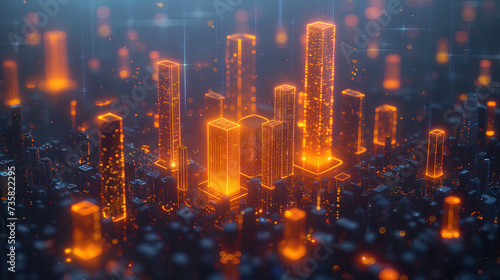 City buildings from futuristic science fiction orange neon lights virtual reality wallpaper background
