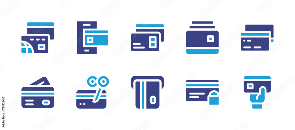 Credit card icon set. Duotone color. Vector illustration. Containing atm, credit card, card, security card.