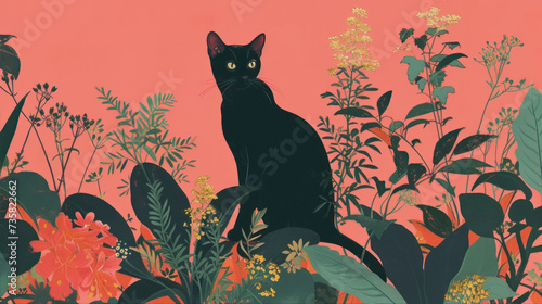 Black cat among a plant on a pink background 