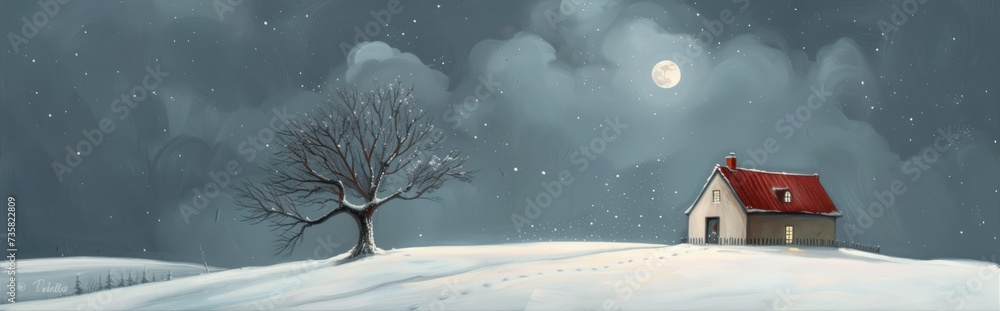 A small house in a field on a winter night. Illustration in oil painting style.
A small house in a field on a winter night. Illustration in oil painting style.